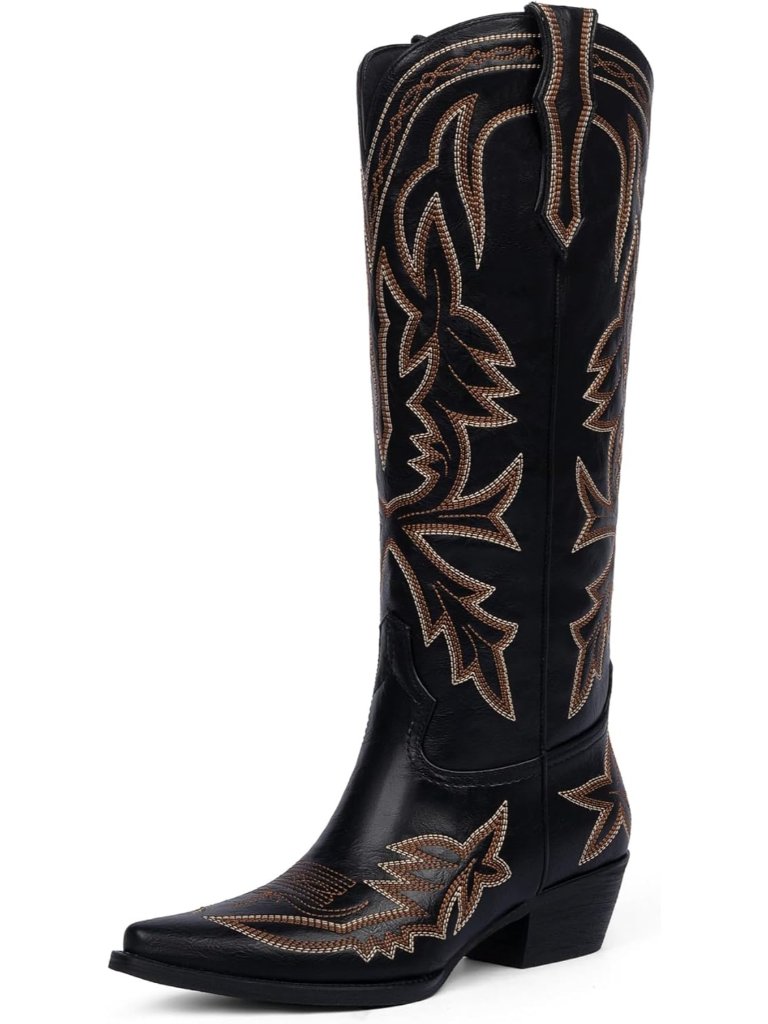 Women Black Knee High Embroidered Pull On Cowgirl Boots Pointed Toe Chunky Heel